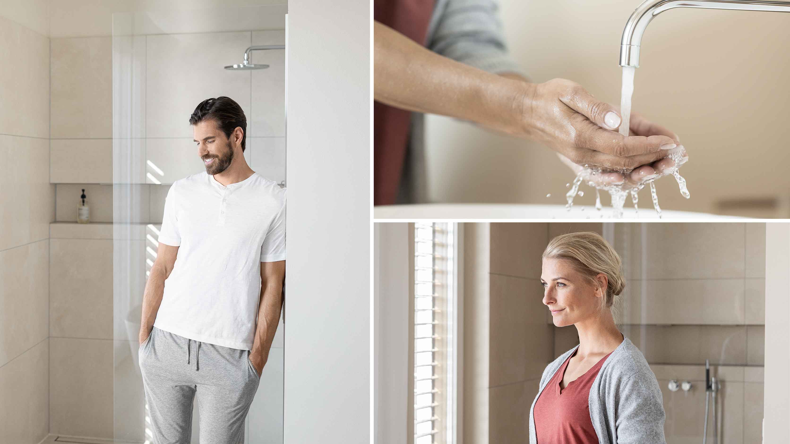 Ein Mann steht im Badezimmer vor seiner Dusche. Eine Frau wäscht sich im Badezimmer Ihre Hände. Eine Frau steht im Badezimmer vor Ihrer Dusche.
