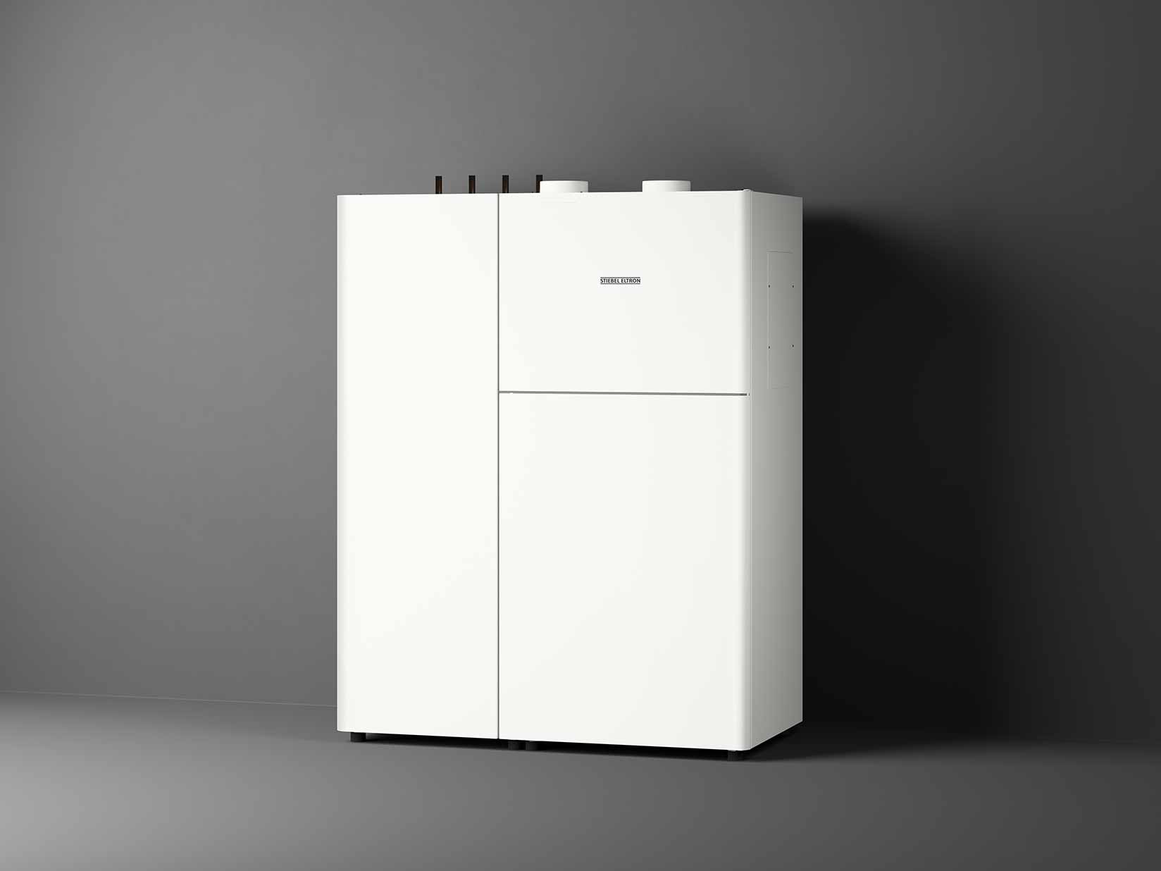 Abbildung eines Lüftungsintegralsystems aus der STIEBEL ELTRON LWZ-Serie vor dunklem Hintergrund.