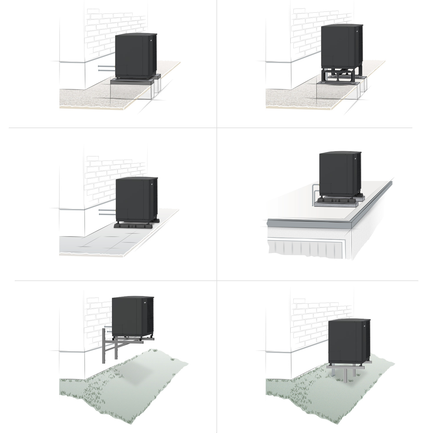 Die Collage zeigt sechs Strichzeichnungen einer Luft-Wasser-Wärmepumpe, doe vor einer Hauswand, auf einer Konsole, auf Schalldämpfern, auf einem Dach und auf einer Rasenfläche mithilfe von Wand- und Standkonsolen installiert wurde