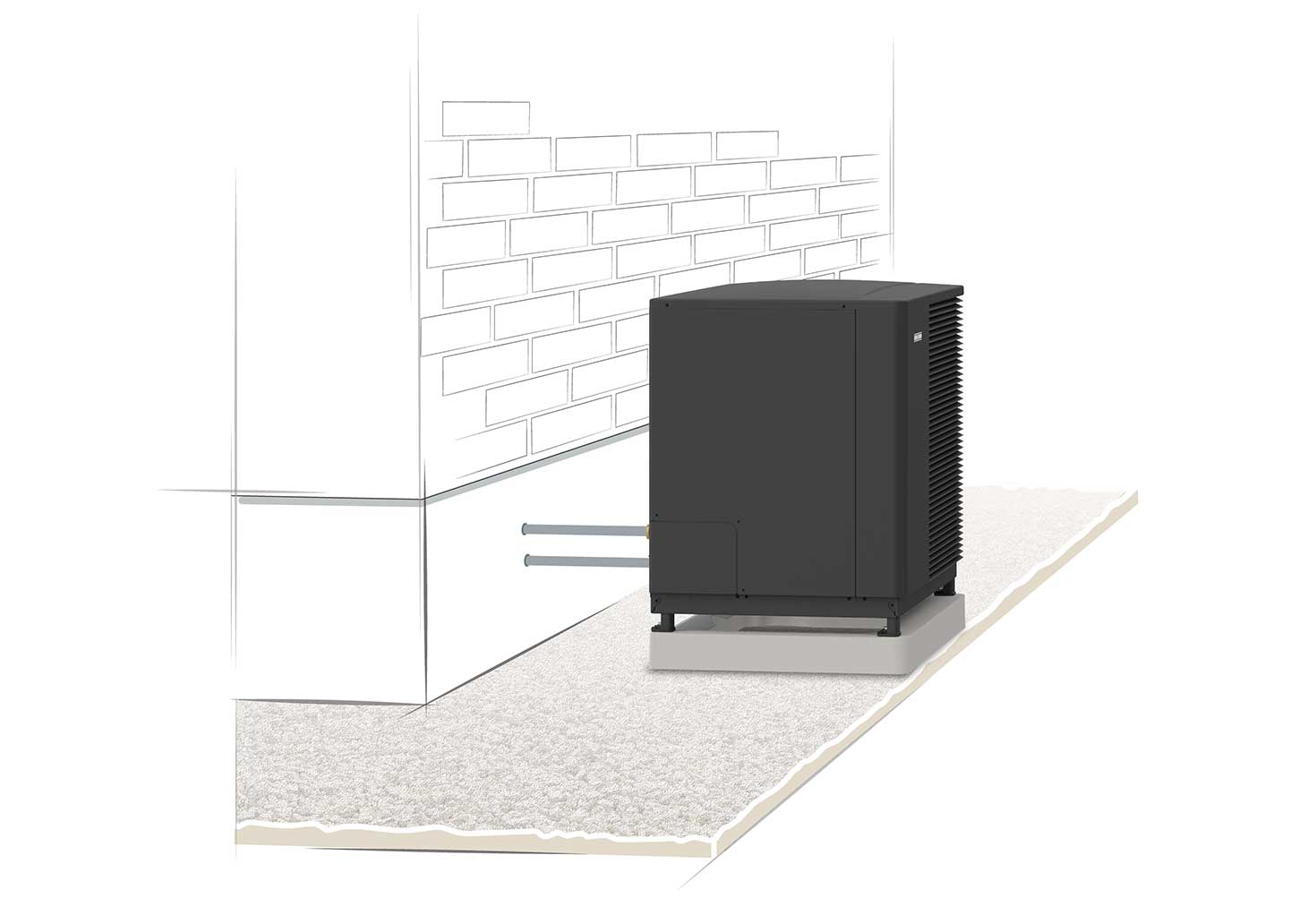 Strichzeichnungen einer Luft-Wasser-Wärmepumpe, die auf einem Fertigfundament installiert wurde