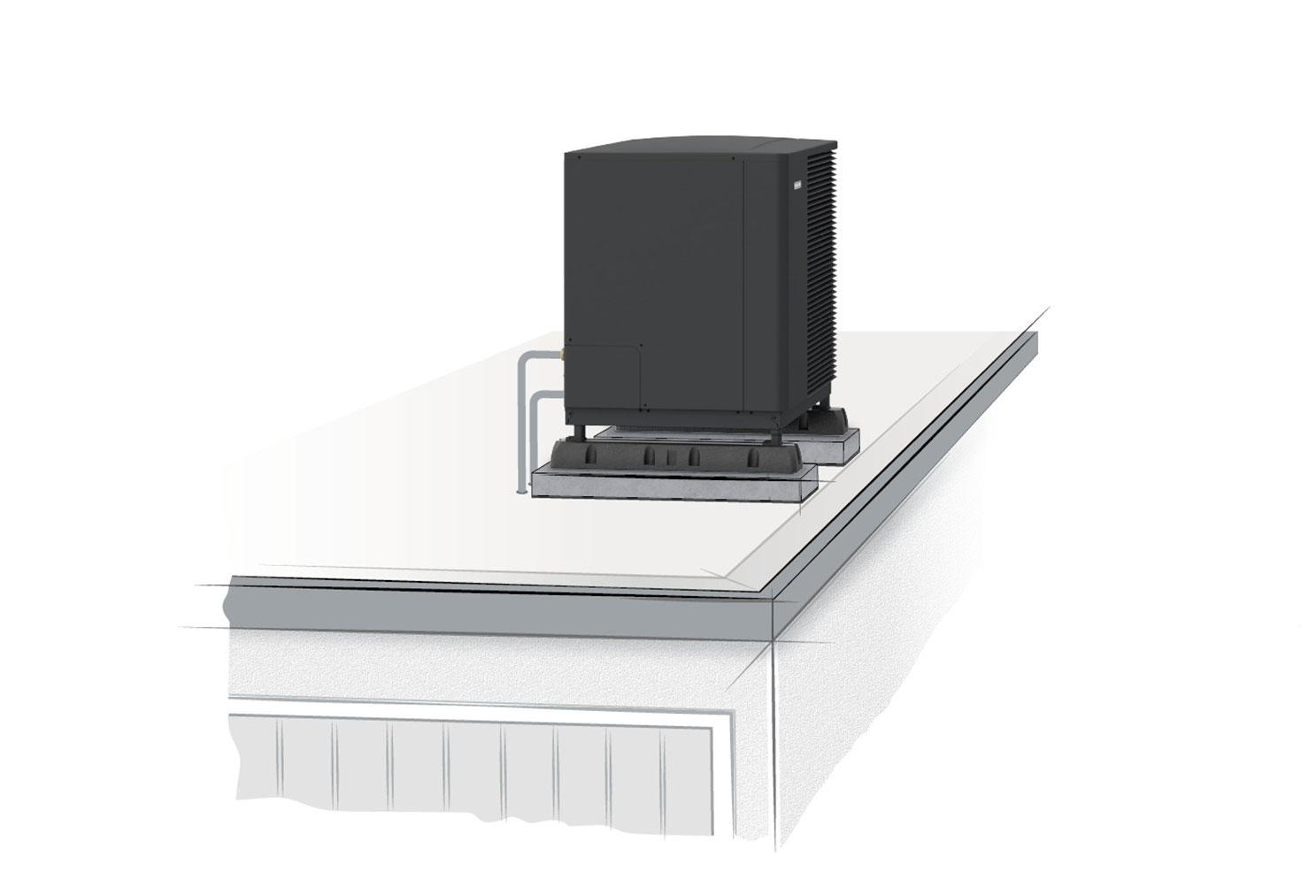 Die Strichzeichnungen zeigt eine Luft-Wasser-Wärmepumpe, die auf dem Dach installiert wurde