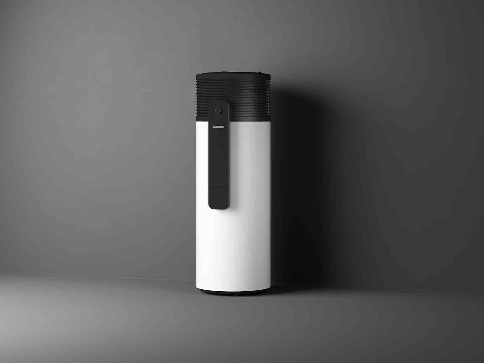 Abbildung einer Warmwasser-Wärmepumpe aus der STIEBEL ELTRON WWK-I-Plus-Serie vor dunklem Hintergrund.