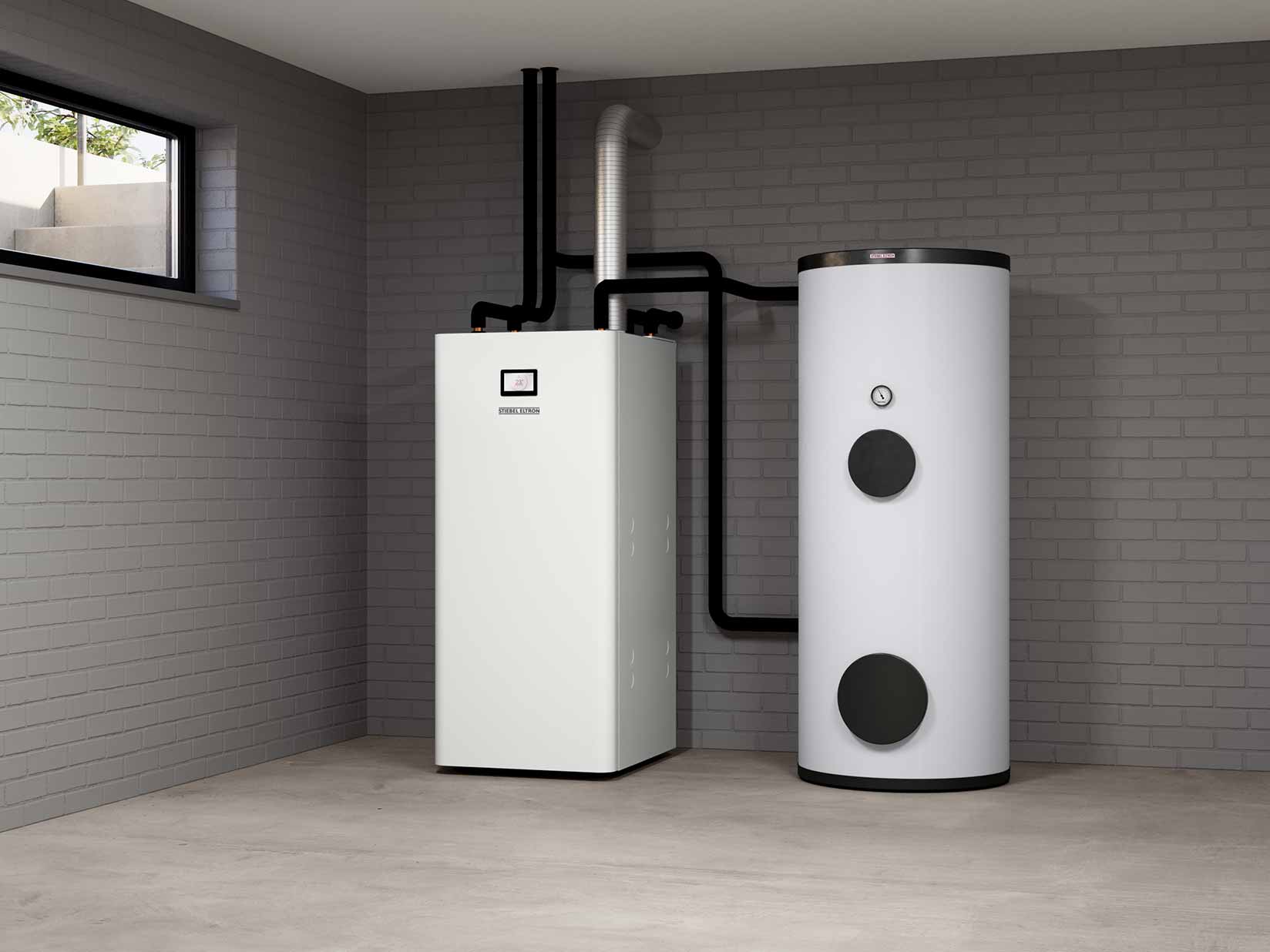 Sole-Wasser-Wärmepumpe mit Warmwasserspeicher im Heizungskeller eines modernen Hauses