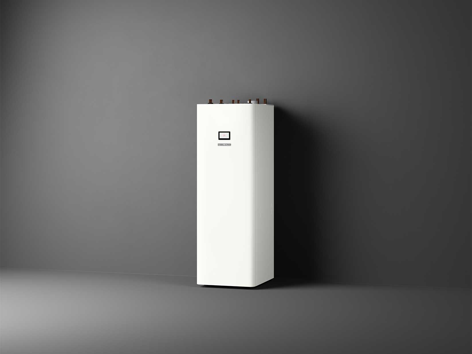 Abbildung einer Sole-Wasser-Wärmepumpe aus der STIEBEL ELTRON WPE-I-Serie vor dunklem Hintergrund.