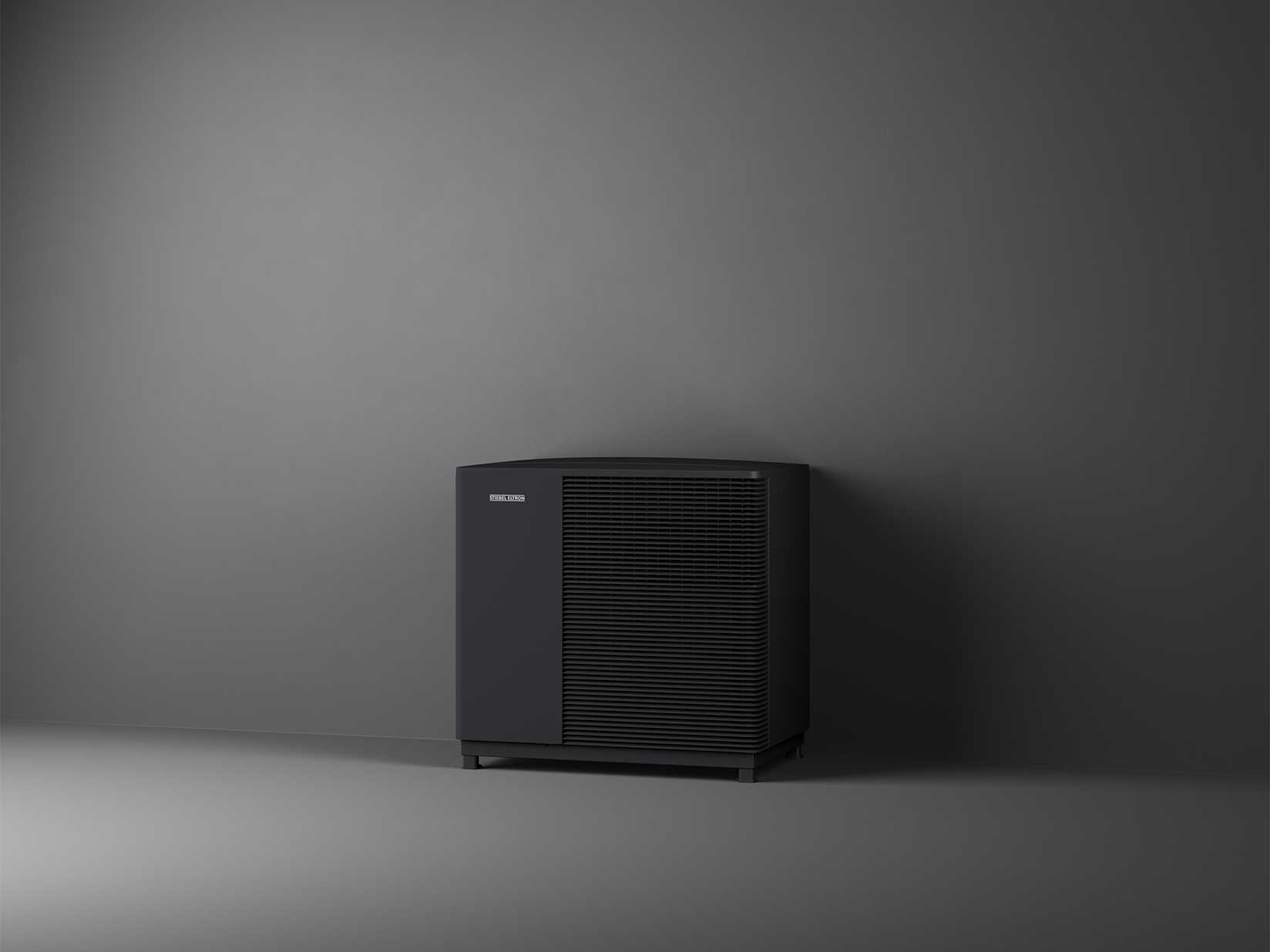 Abbildung einer Luft-Wasser-Wärmepumpe aus der STIEBEL ELTRON WPL-A-Serie vor dunklem Hintergrund.