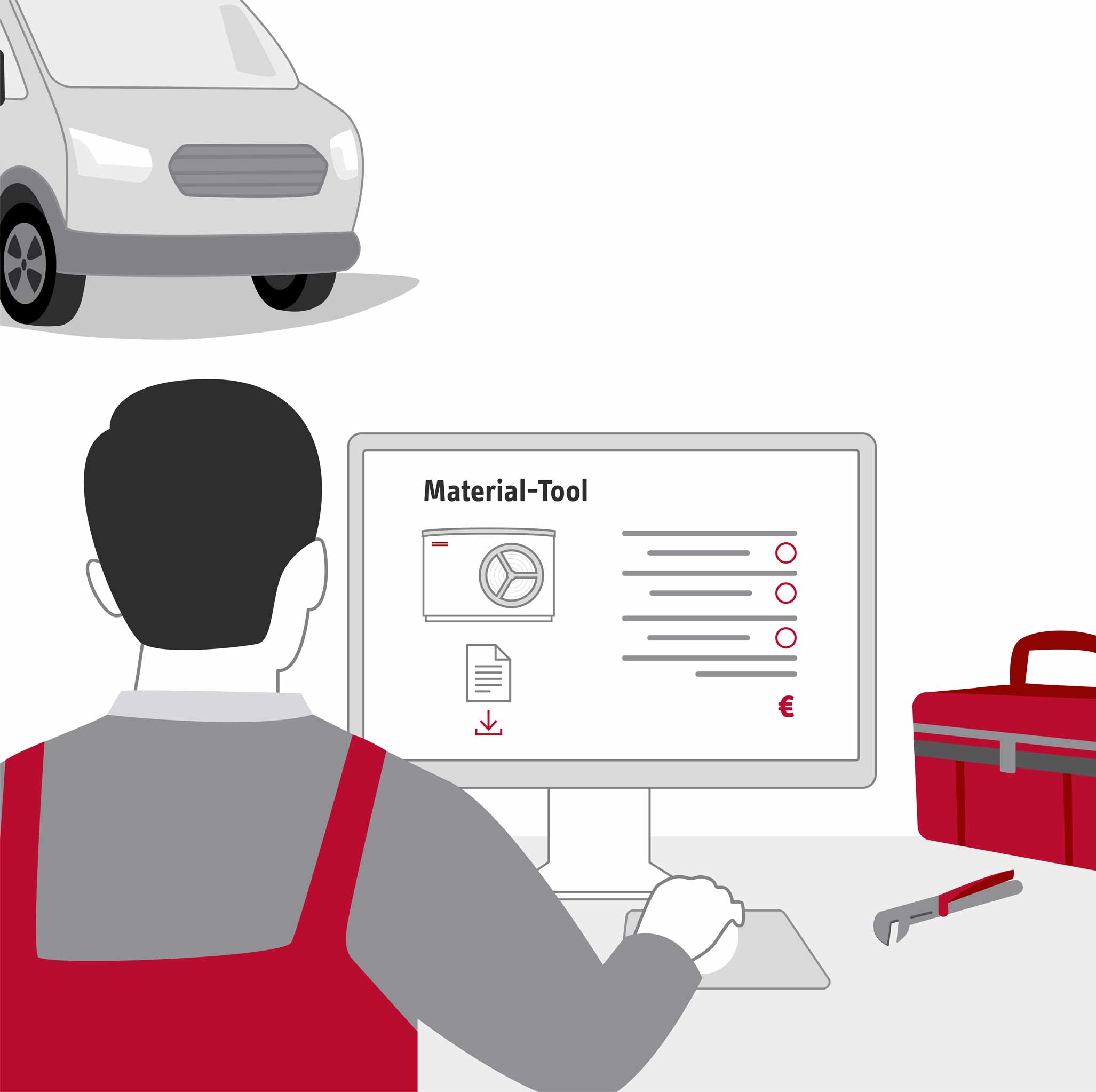 Die Illustration zeigt einen Fachhandwerker am PC welcher eine digtale Materialliste über das Material-Tool für das nächste Projekt zusammenstellt.