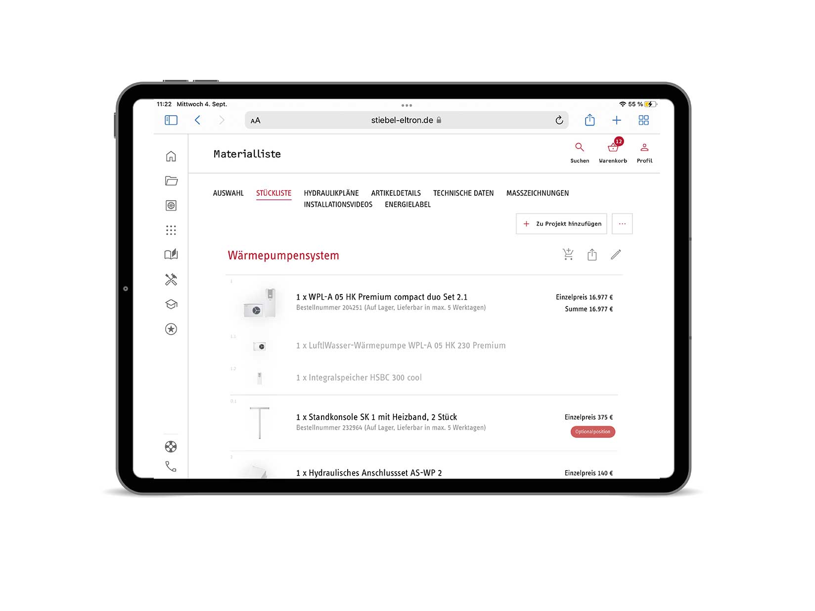 Auf dem Display des iPads wird die Stückliste aus dem STIEBEL ELTRON Materialtool engezeigt