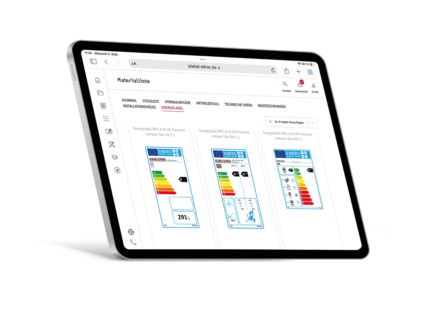 Auf dem Display des iPads werden die Energielabel aus dem STIEBEL ELTRON Materialtool engezeigt