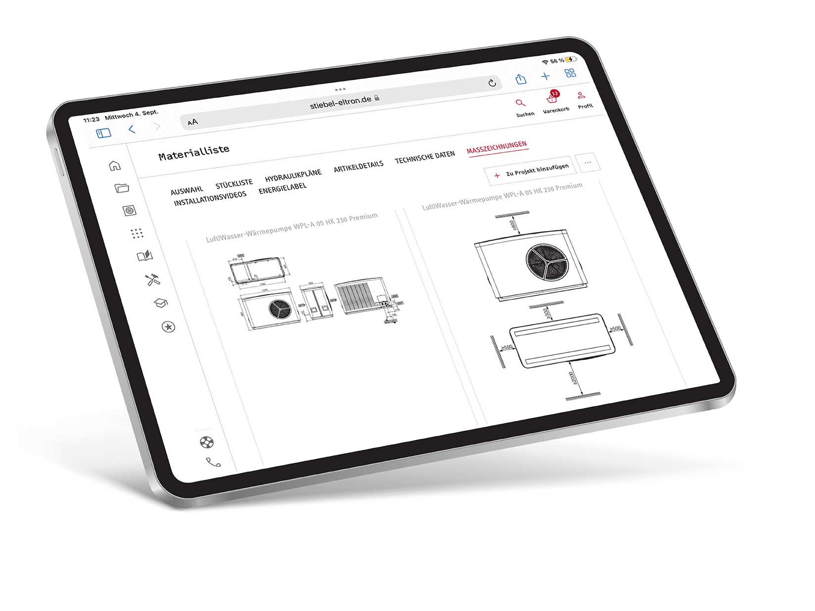 Auf dem Display des iPads werden die Maßzeicnungen aus dem STIEBEL ELTRON Materialtool engezeigt