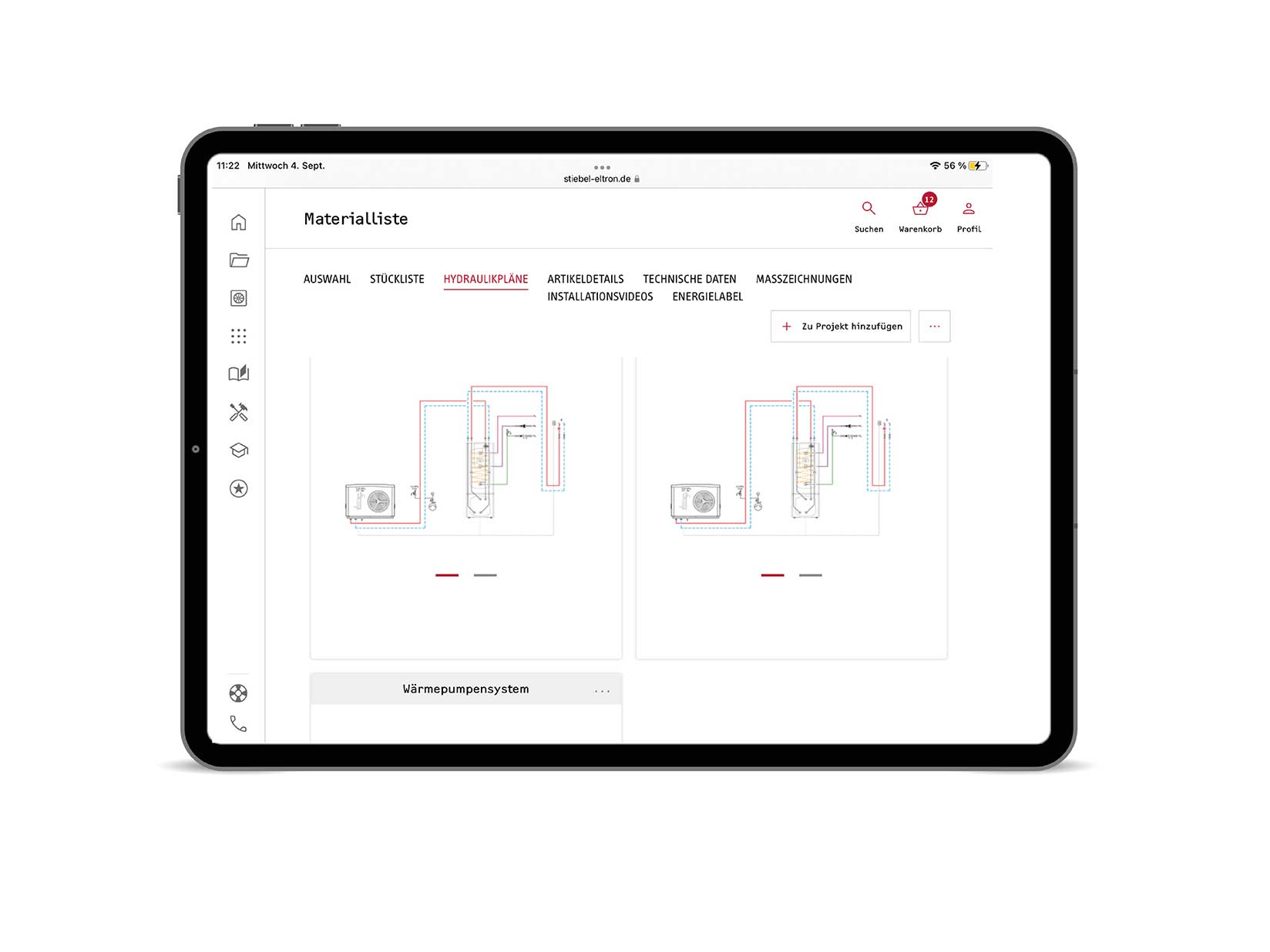 Auf dem Display des iPads werden die Hydraulikpläne aus dem STIEBEL ELTRON Materialtool engezeigt
