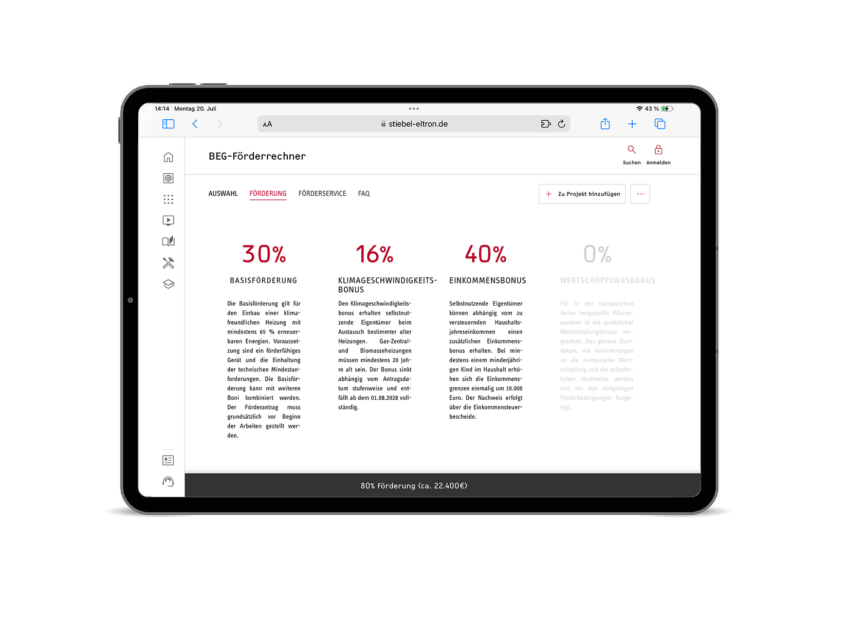 Das iPad zeigt auf dem Display den BEG-Förderrechner von STIEBEL ELTRON und die möglichen Fördersummen des konfigurierten Projektes