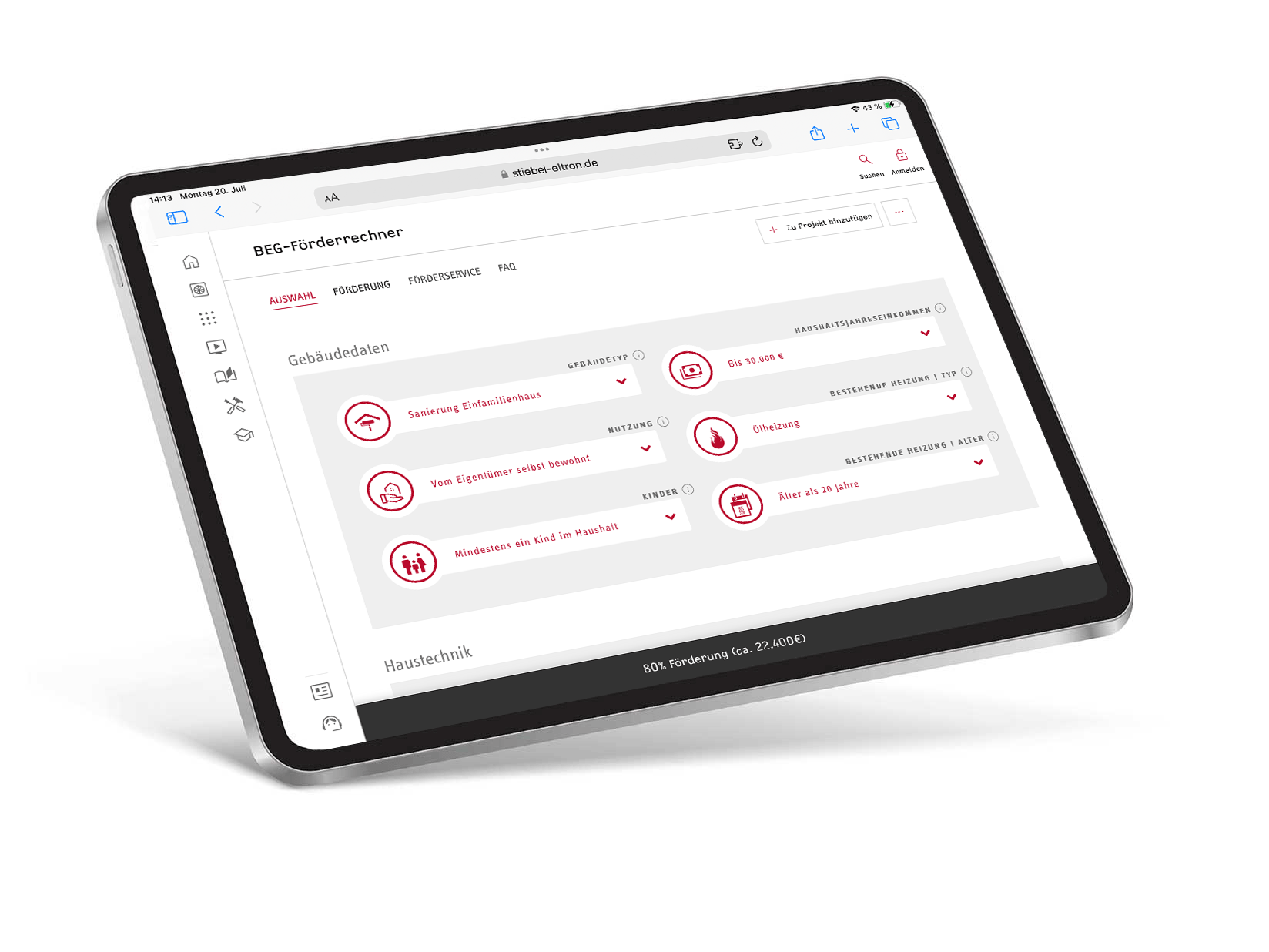 Das iPad zeigt auf dem Display den STIEBEL ELTRON BEG-Förderrechner und die Auswahl der Gebäudedaten des gewählten Projekts