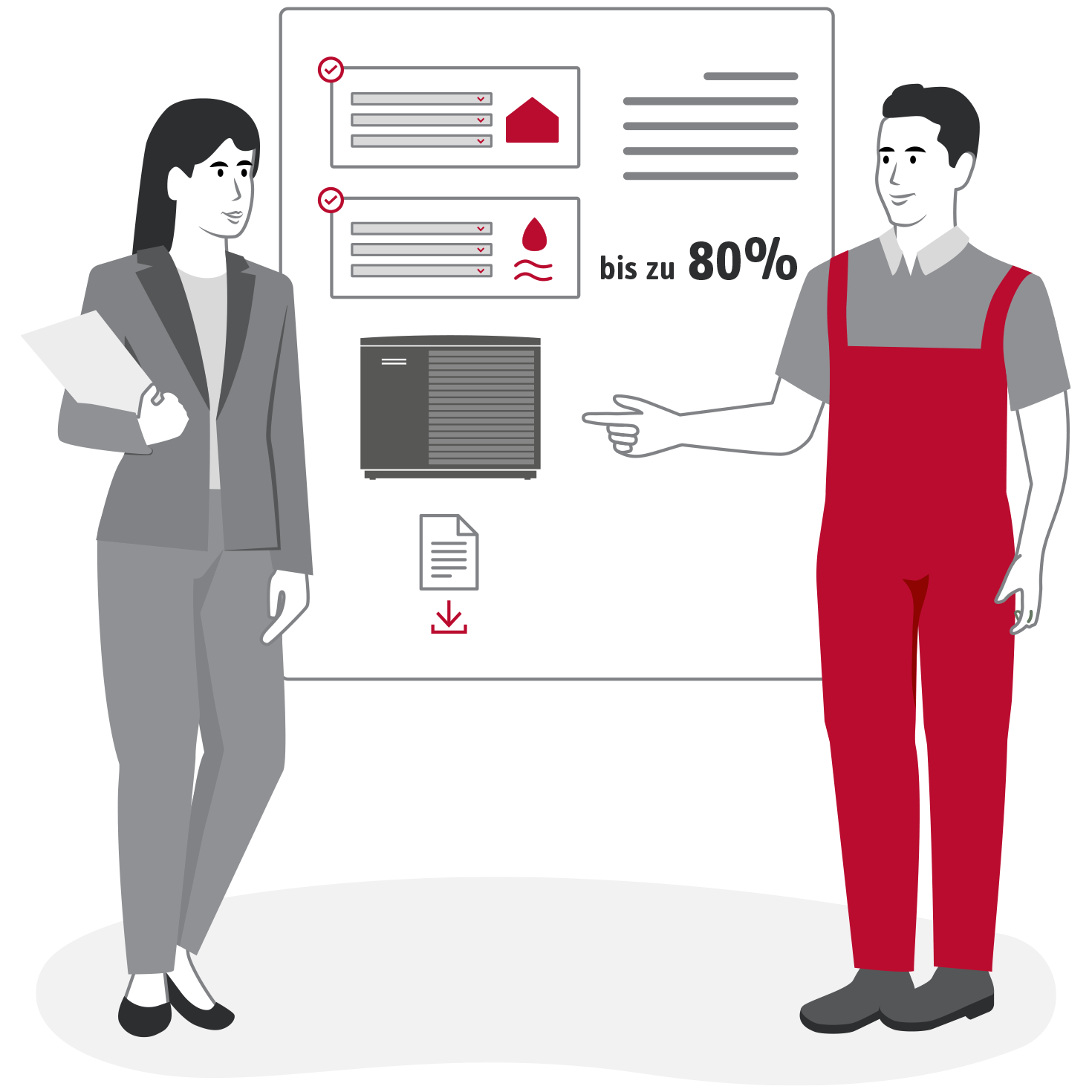 Die Illustration zeigt einen Fachhandwerker in einem Beratungsgespräch mit einer Kundin. Beide stehen vor einem virtuellen Board, dass den Förderrechner zeigt. Gebäudedaten und die Heiztechnik sind ausgewält. Der Rechner zeigt die Fördersumme 70% an.