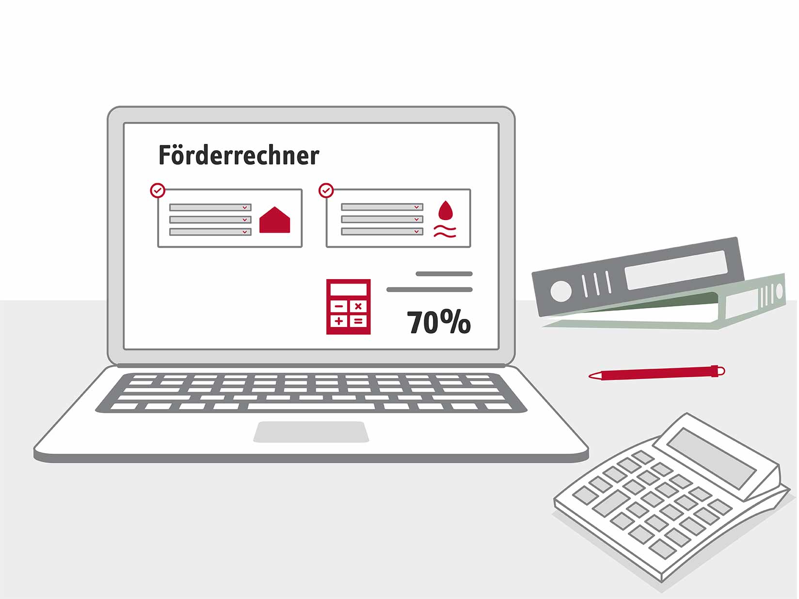 Illustration mit einem Laptop, wo eine Konfiguration einer Wärmepumpen-Förderung abgebildet ist, neben dem Laptop liegen Aktenordner, Stift und Rechner