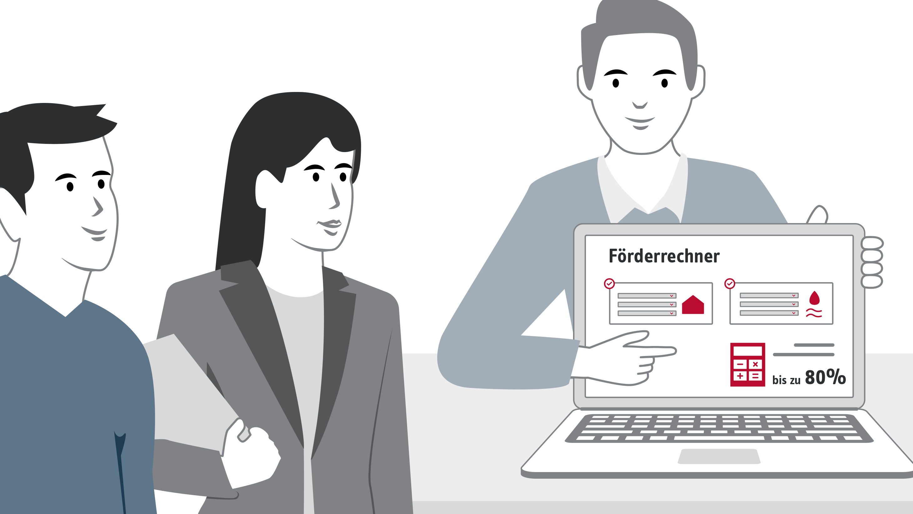Die Illustration zeigt einen Fachhandwerker in einem Beratungsgespräch mit einem Ehepaar. Er hält einen Laptop in der Hand, auf dem Display ist der Förderrechner von STIEBEL ELTRON zu sehen. Gebäudedaten und die Heiztechnik sind ausgewält. Der Rechner zeigt die Fördersumme 70% an.