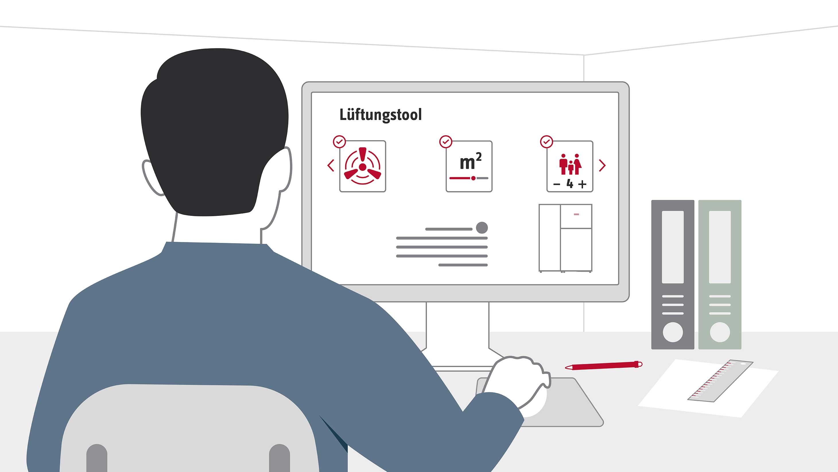 Fachhandwerker sitzt vor Computer und bedient Lüftungstool