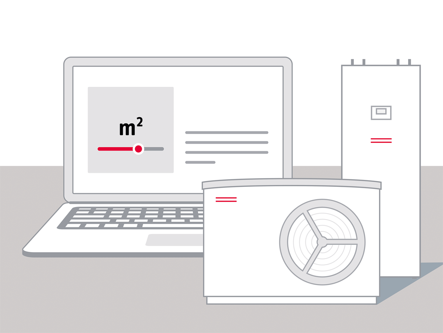 Grafik mit Laptop, auf der die Quadratmeterzahl des Hauses ausgewählt wird, davor stehen eine Wärmepumpe und eine Intralspeicher von STIEBEL ELTRON