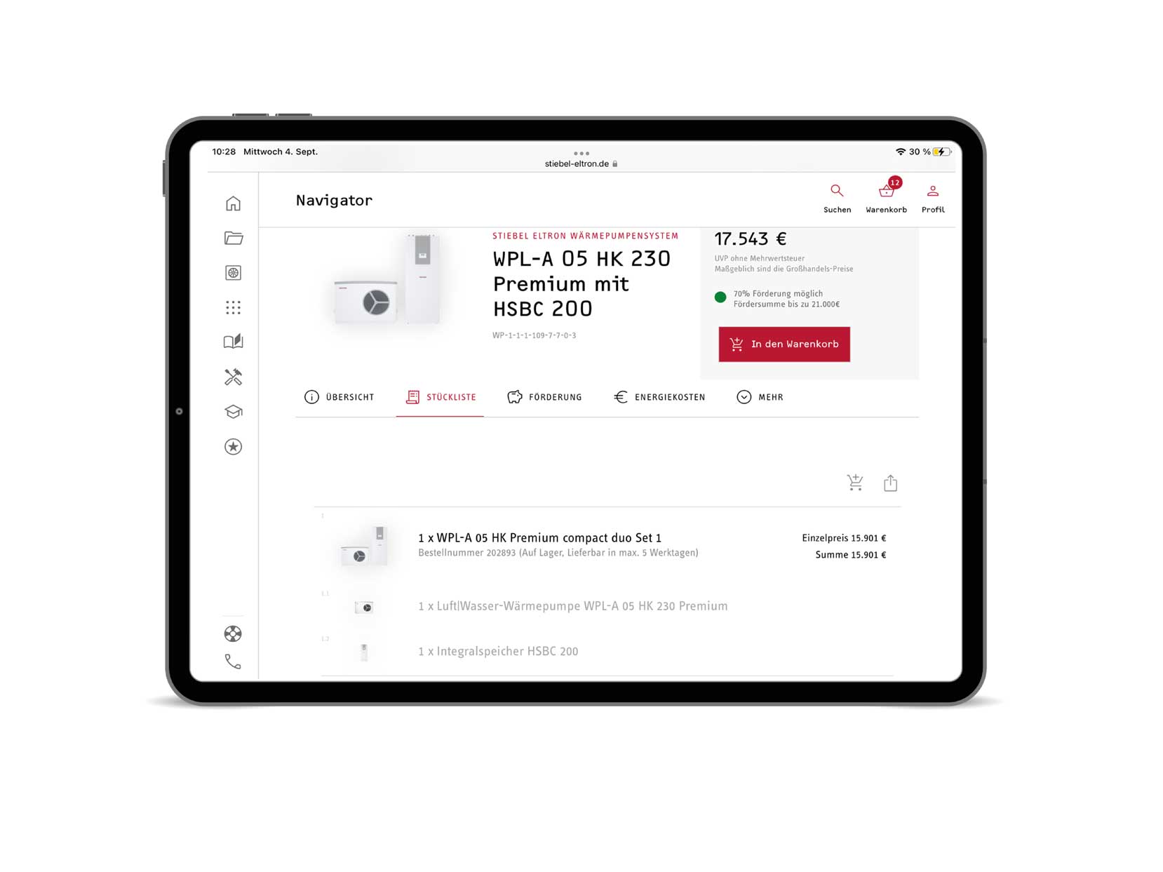 Der Screen des iPads zeigt die Stückliste aller benötigter Komponenten im STIEBEL ELTRON-Wärmepumpen-Navigator
