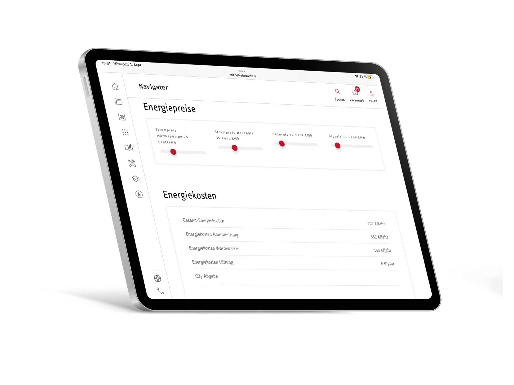 Der Screen des iPads zeigt die Berechnung der Energiekosten im STIEBEL ELTRON-Wärmepumpen-Navigator