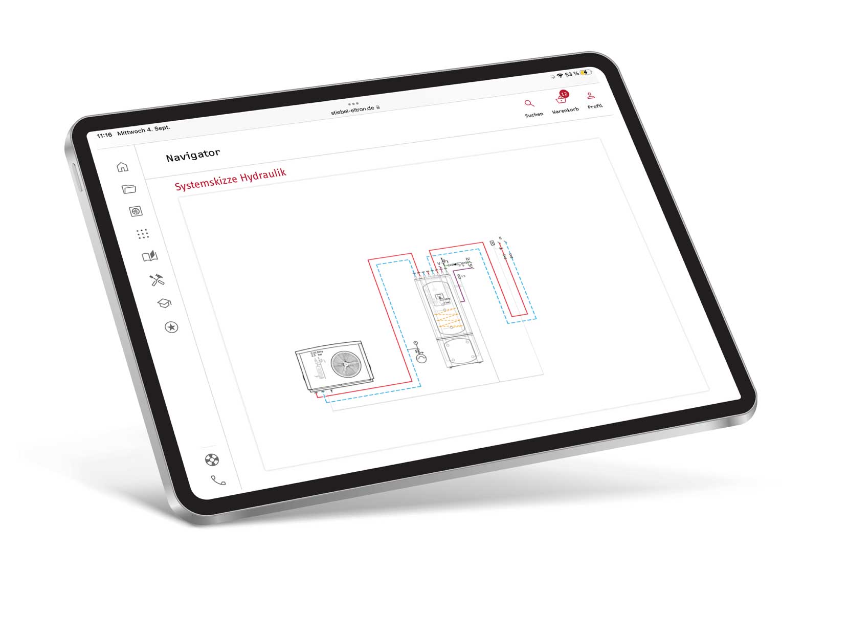 Der Screen des iPads zeigt Hydraulik- und Elektropläne im STIEBEL ELTRON-Wärmepumpen-Navigator
