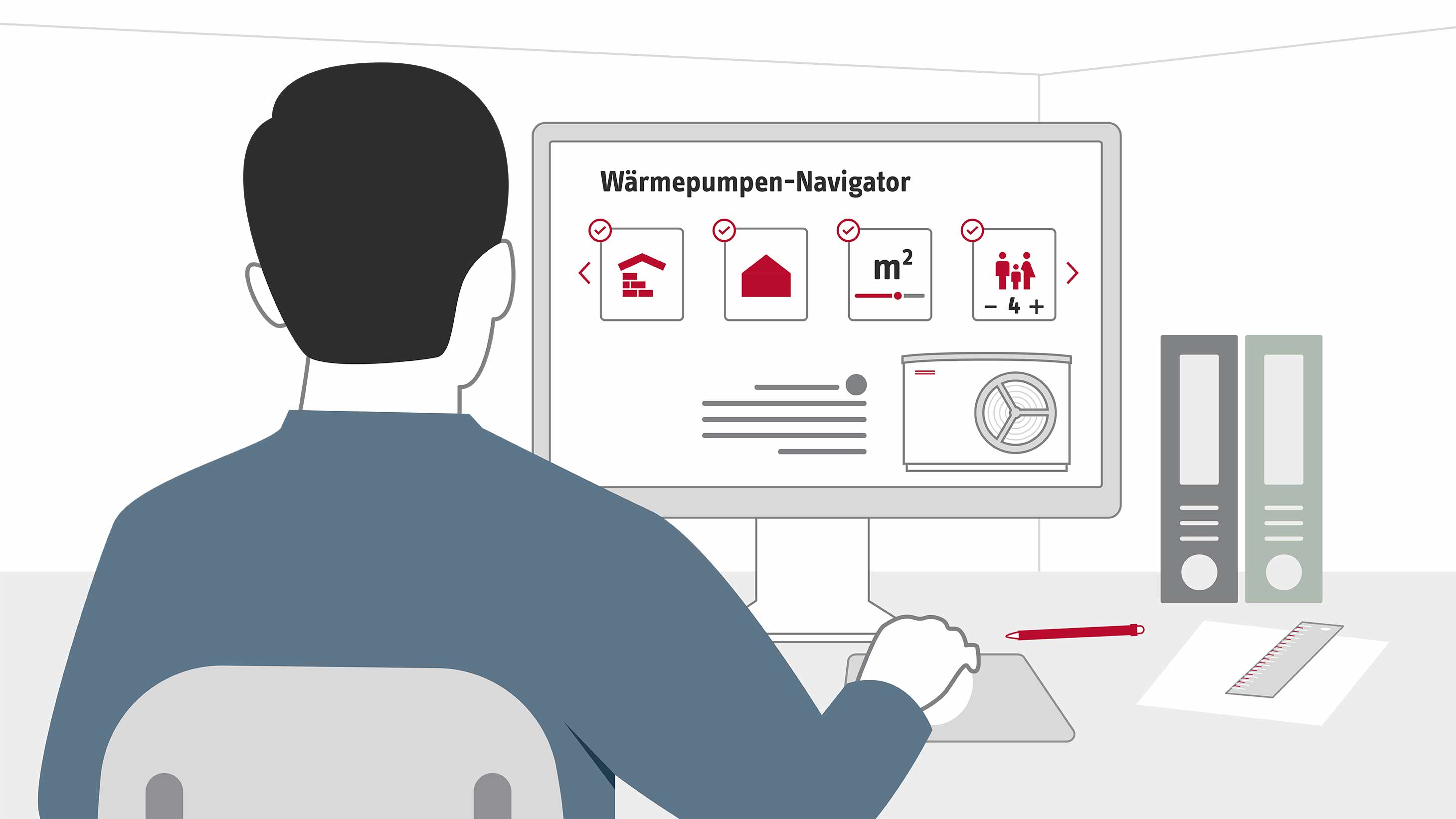 Die Illustration zeigt einen Mann, der am Schreibtisch vor dem Computer sitzt. Neben dem Monitor stehen zwei Ordner, neben der Maus liegen ein Blatt Papier, ein Linial und ein Bleistift. Auf dem Monitor ist das Tool Wär,mepumpen-Navigator zu sehen. Vier Auswahlfehlder zeigen Gebäudetyp, Quadratmeteranzahl und Anzahl der Personen, die im Haus leben. Darunter ist eine Wärmepumpe abgebildet, die der Navigator für das Projekt konfiguriert hat.