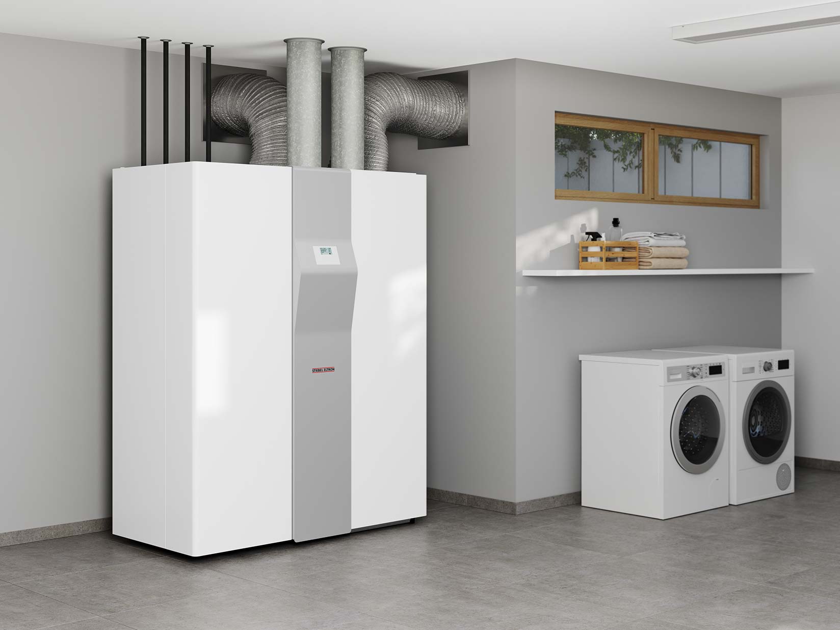 Lüftungsintegralgerät LWZ von STIEBEL ELTRON steht im Hauswirtschaftsraum neben Waschmaschine und Trockner