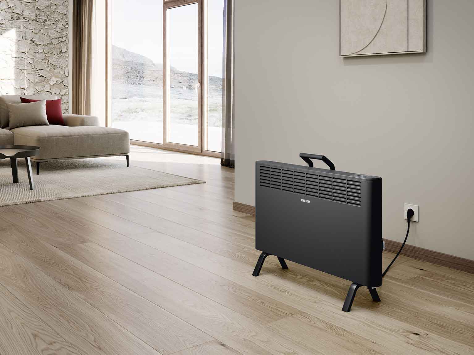 Tragbare Elektroheizung von STIEBEL ELTRON in einem Wohnzimmer