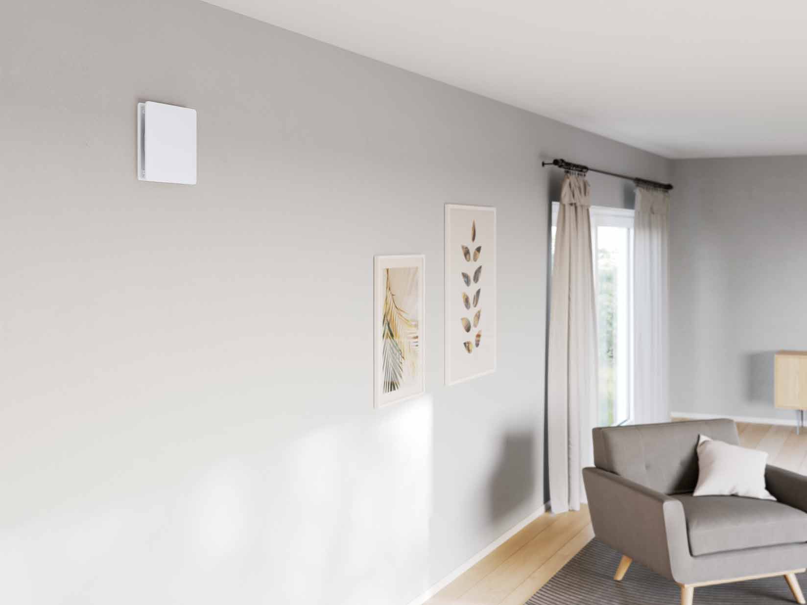 Dezentrales Lüftungsgerät in der Wand eines Wohnzimmers