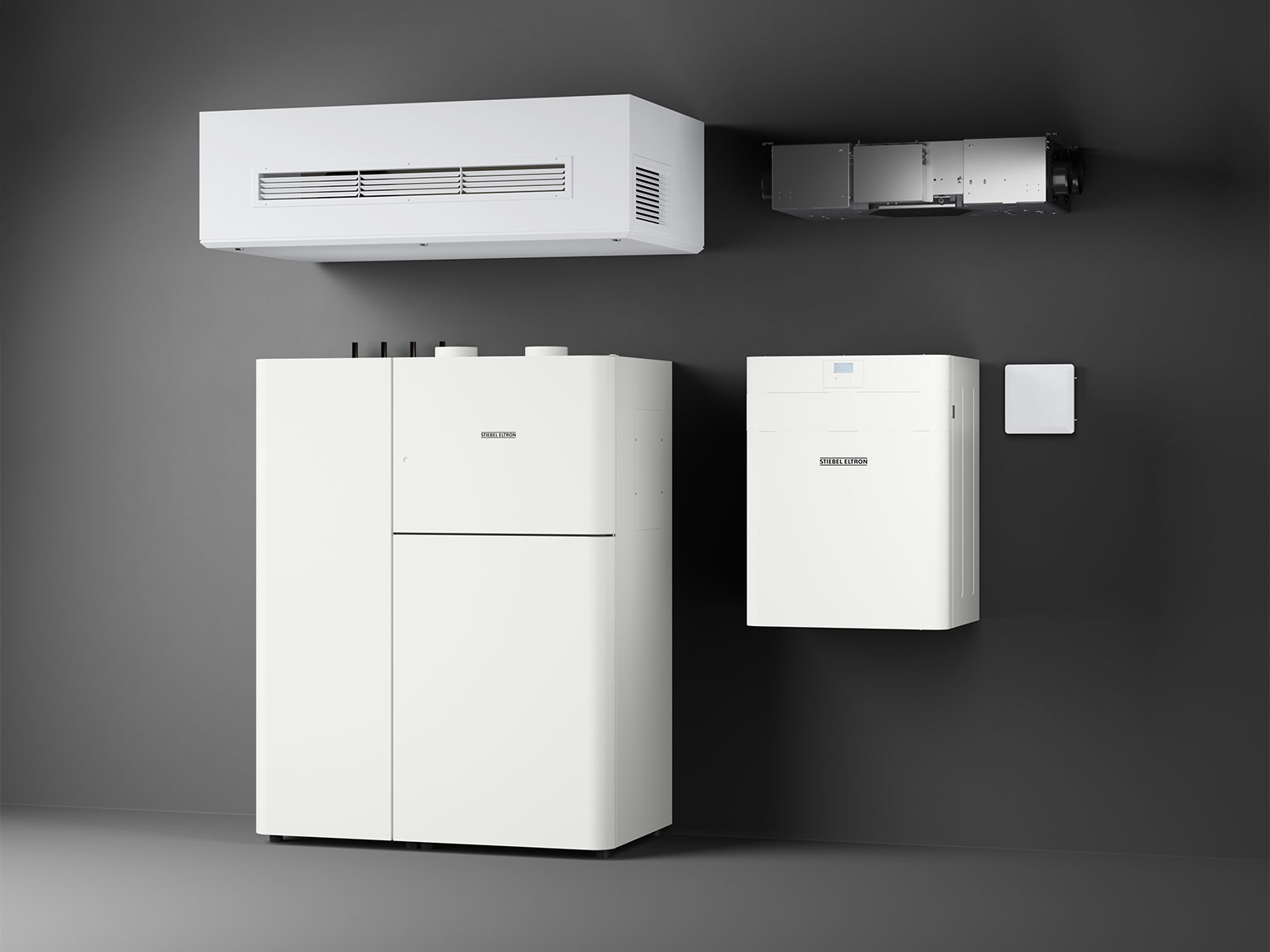 Lüftungsgeräte von STIEBEL ELTRON vor einem dunklen Hintergrund
