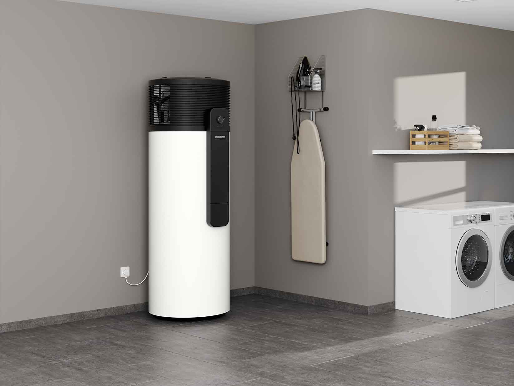 Eine Warmwasser-Wärmepumpe von STIEBEL ELTRON steht in einem Hauswirtschaftsraum.