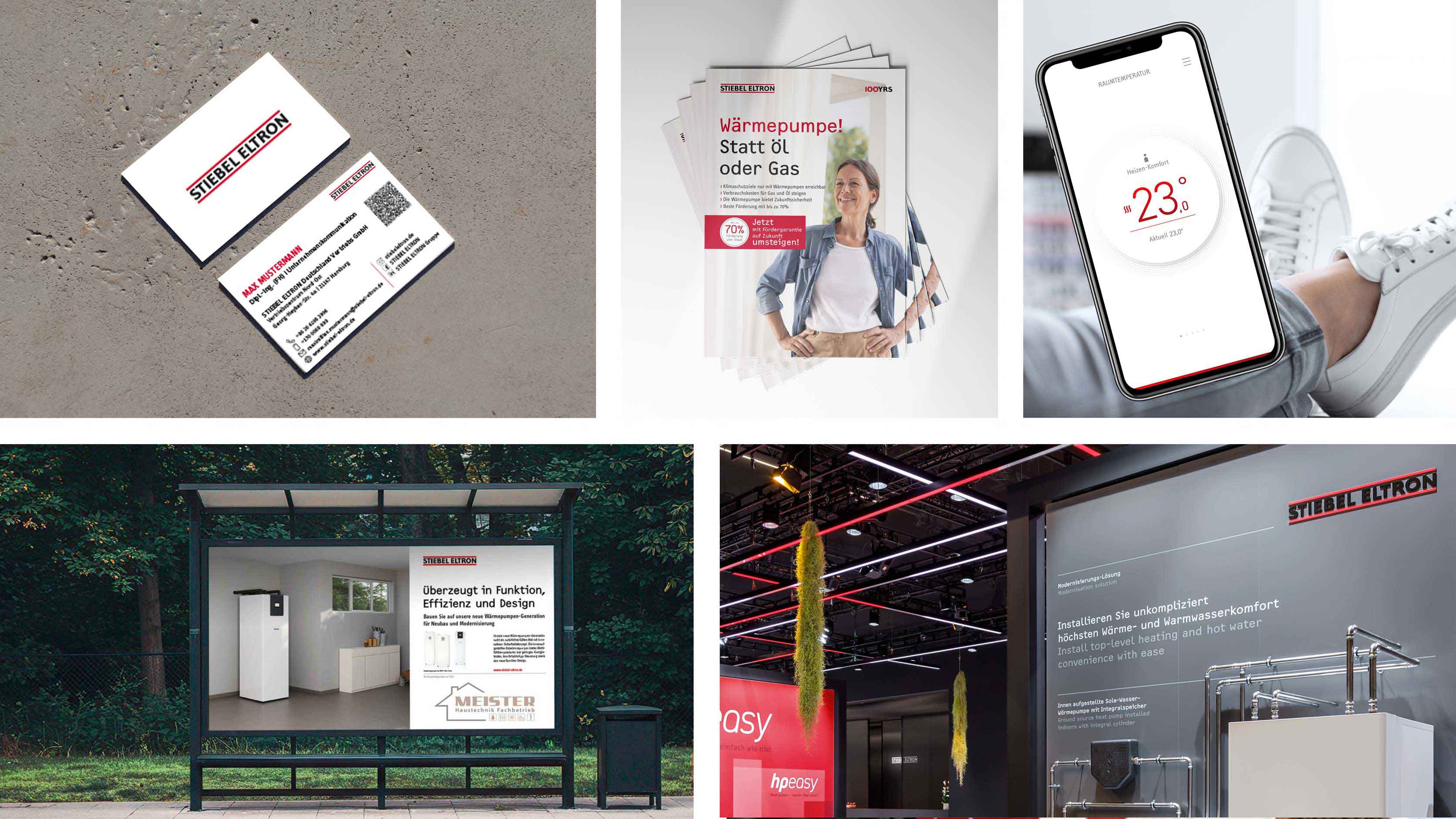 Collage aus fünf Bildern: Abgebildet werden Visitenkarten, ein Stapel Broschüren, ein Handy mit dem Startbildschirm der MyStiebel-App, ein Plakat an einer Bushaltestelle und ein Messestand