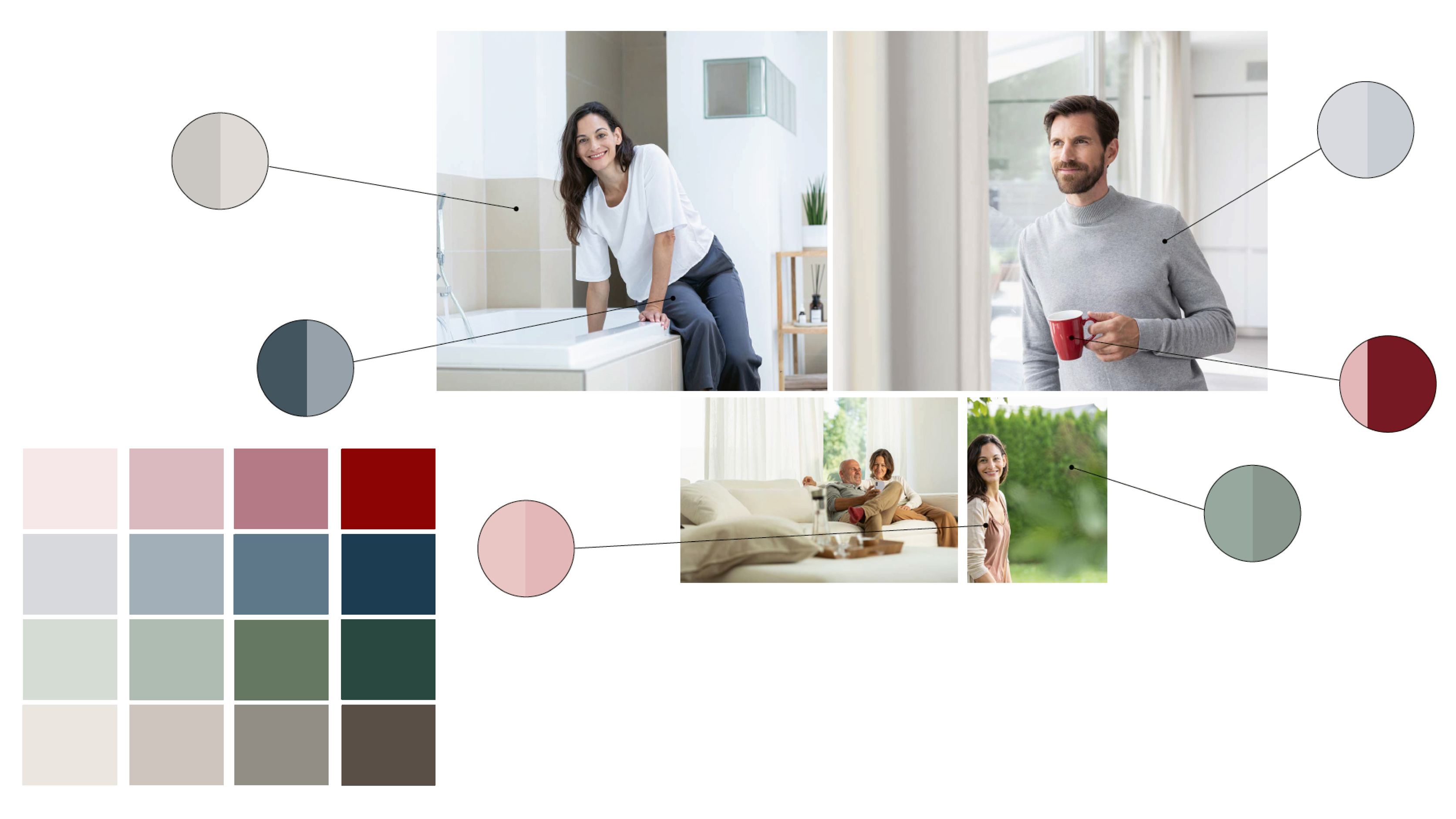 Die Collage zeigt drei Bilder: Eine Frau sitzt auf der Badewanne, ein Mann steht mit einer Kaffeetasse am Fenster, eine Frau steht vor einer Hecke. Daneben ist die Farbskala der Sekundärfarben abgebildet, die die jeweilige Töne Rot, Grau, Grün und Braun abbilden