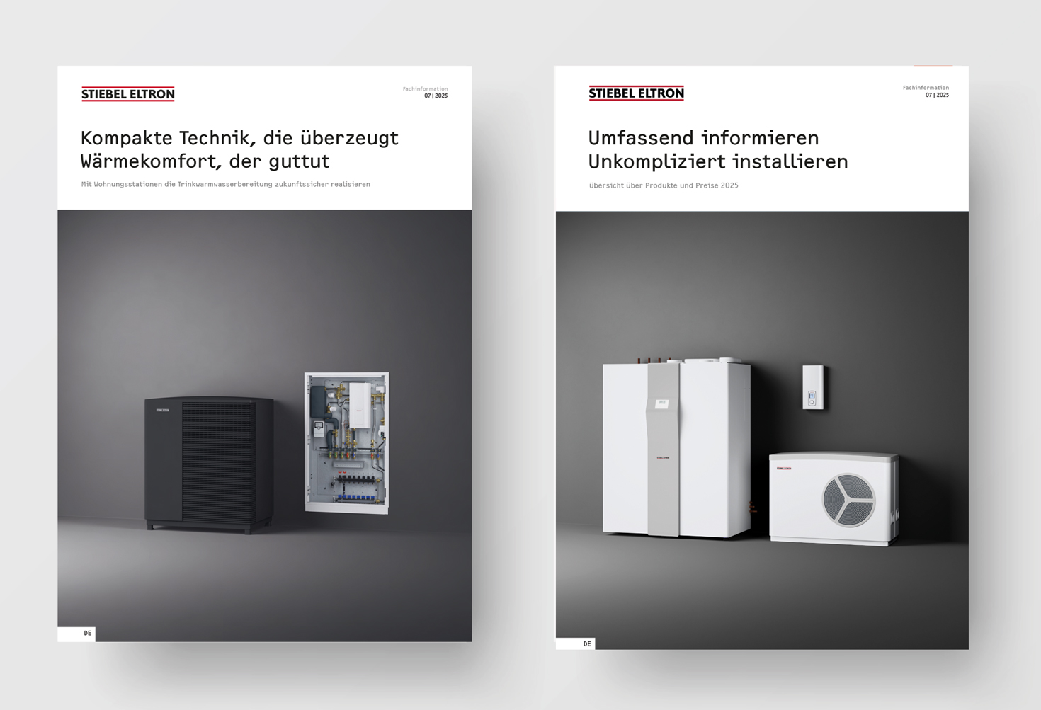 Zwei Fachkundenbroschüre liegen auf dem Tisch, auf dem Cover sind zwei Wärmepumpen abgebildet
