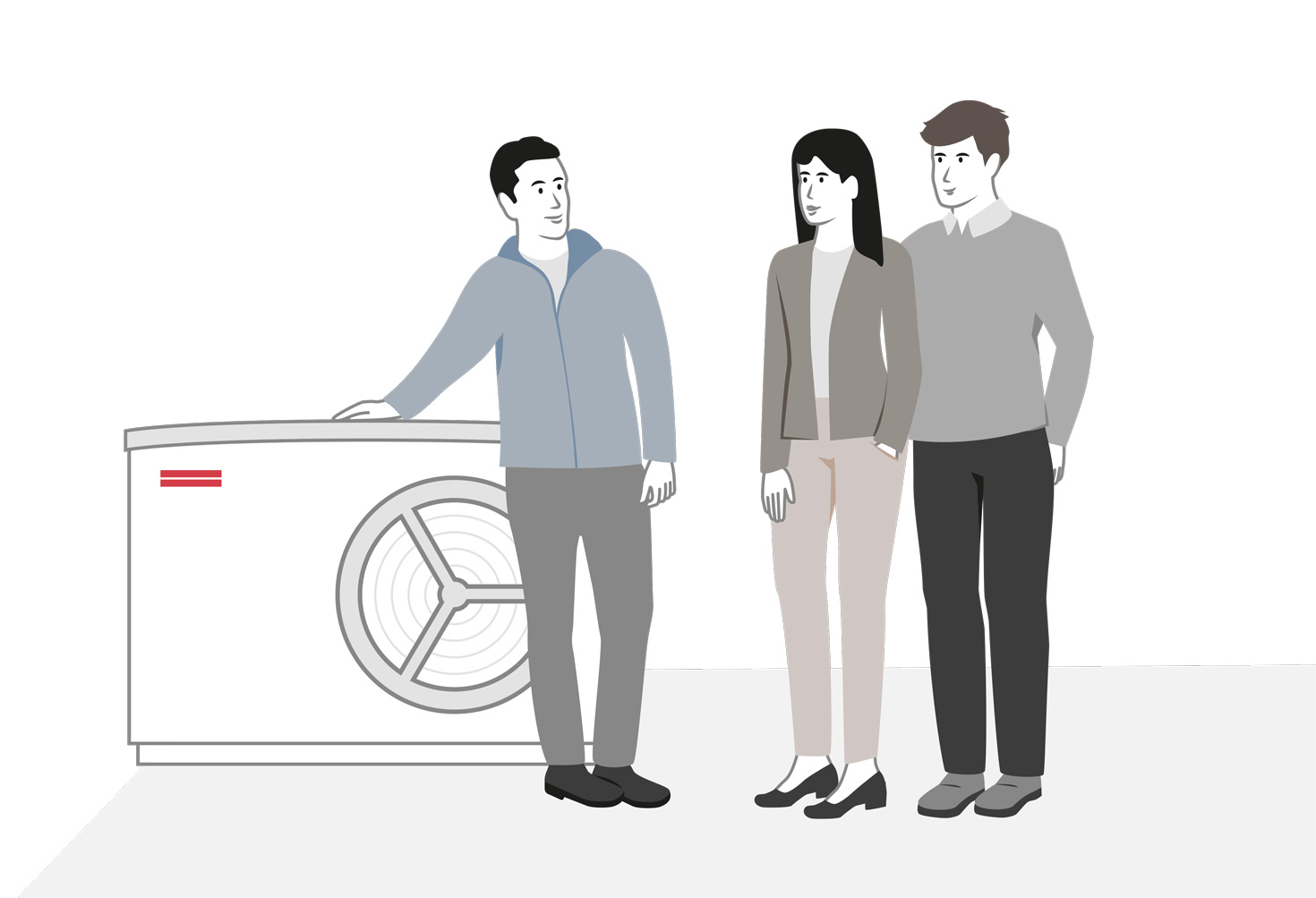 Illustration von einem Fachhandwerker, der vor einer STIEBEL ELTRON-Wärmepumpe steht und ein Paar berät
