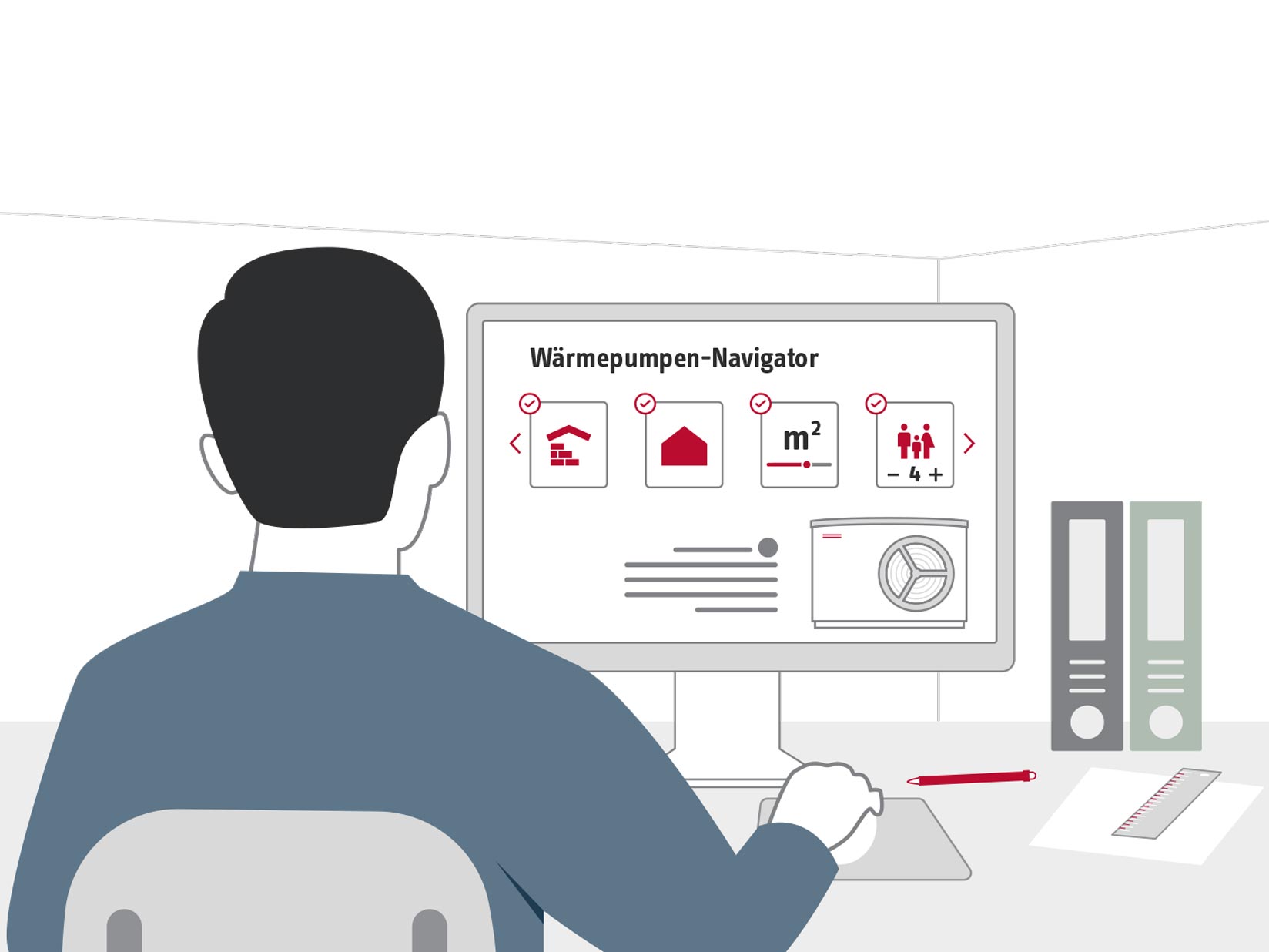 Illustration von einem Fachhandwerker, der vor einem Laptop sitzt und den Wärmepumpen-Navigator bedient