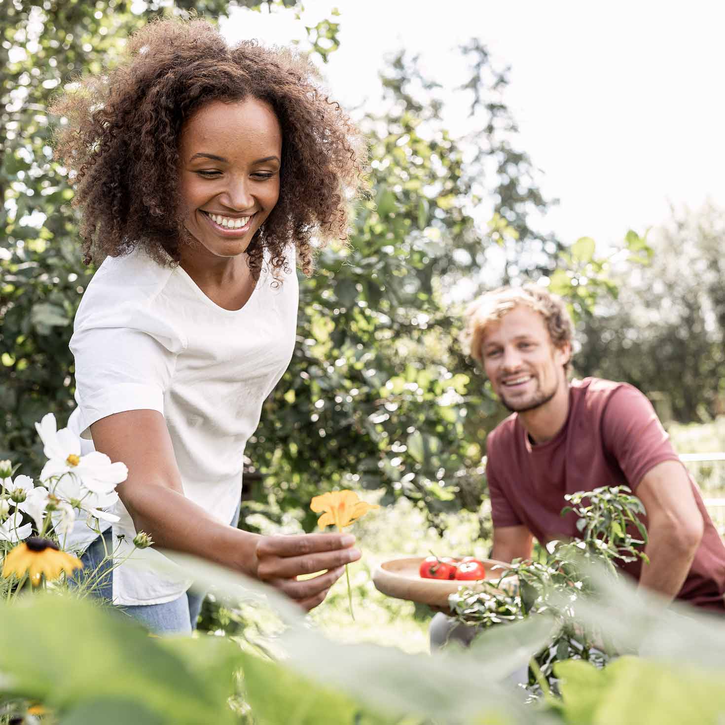 Frau und Mann auf einer Blumenwiese