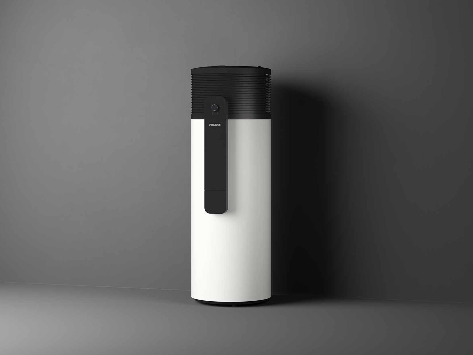 Abbildung einer Warmwasser-Wärmepumpe aus der STIEBEL ELTRON WWK-I-Plus-Serie vor dunklem Hintergrund.