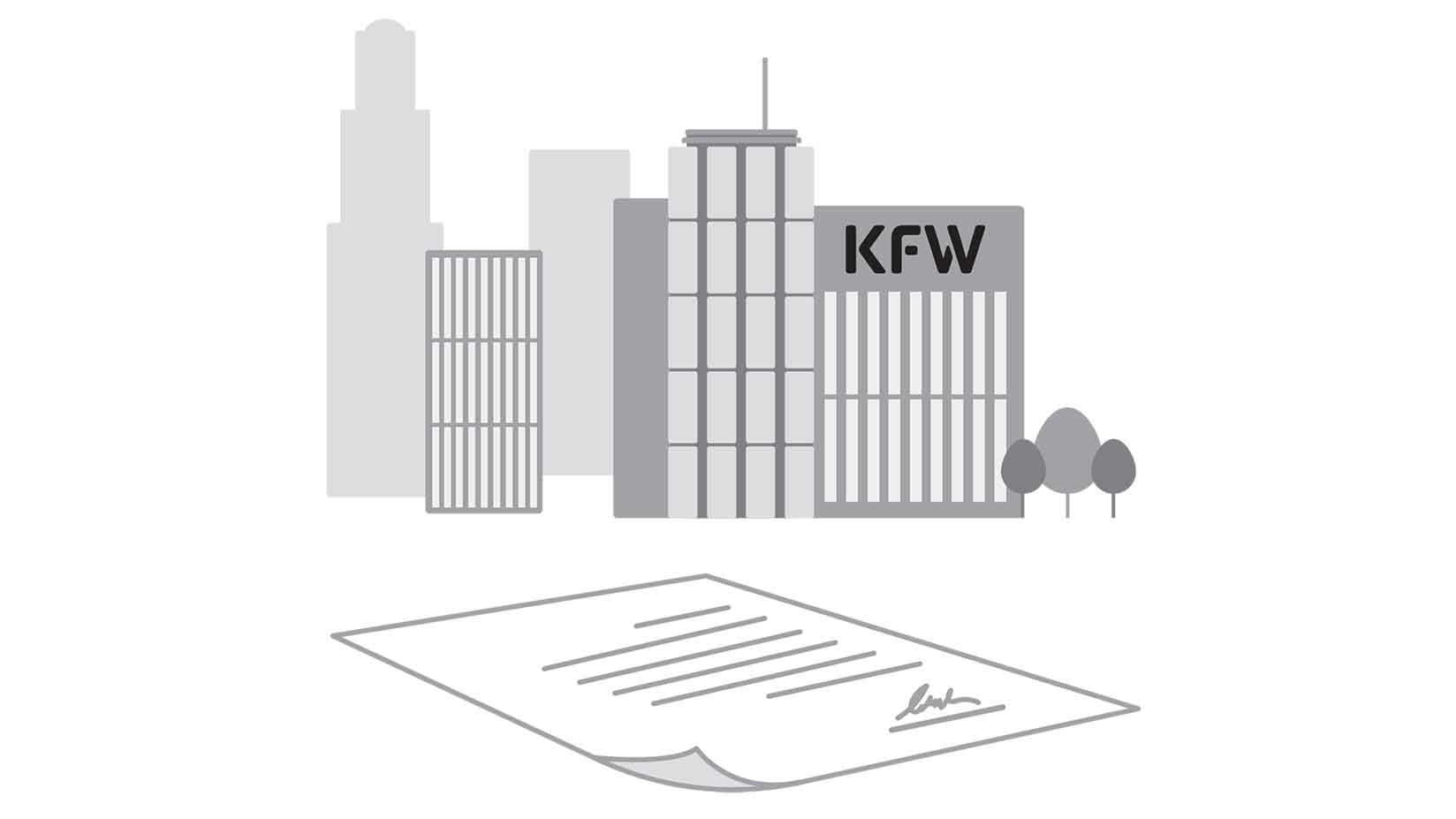Illustration von einem Gebäude mit KfW-Aufdruck und einem Antrag