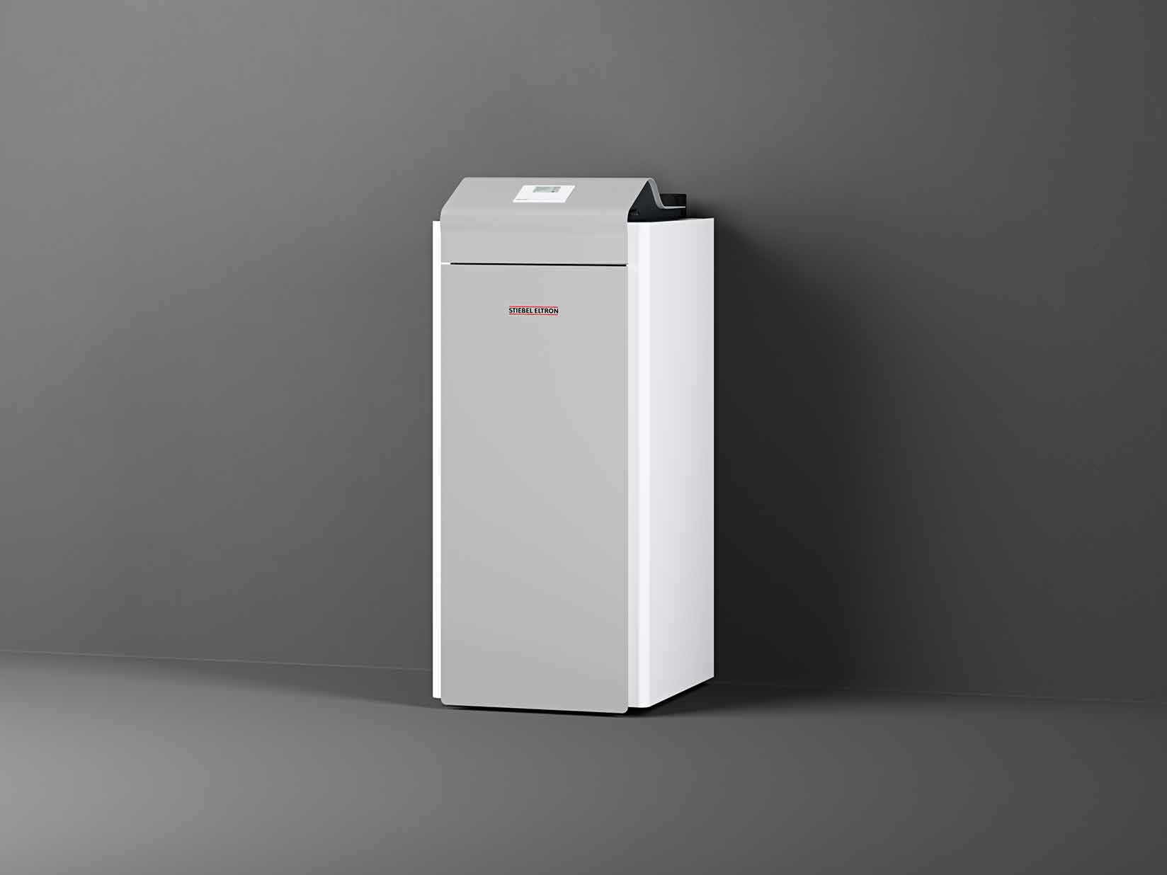 Sole-Wasser-Wärmepumpe aus der STIEBEL ELTRON WPE-I-Plus-Serie vor dunklem Hintergrund.