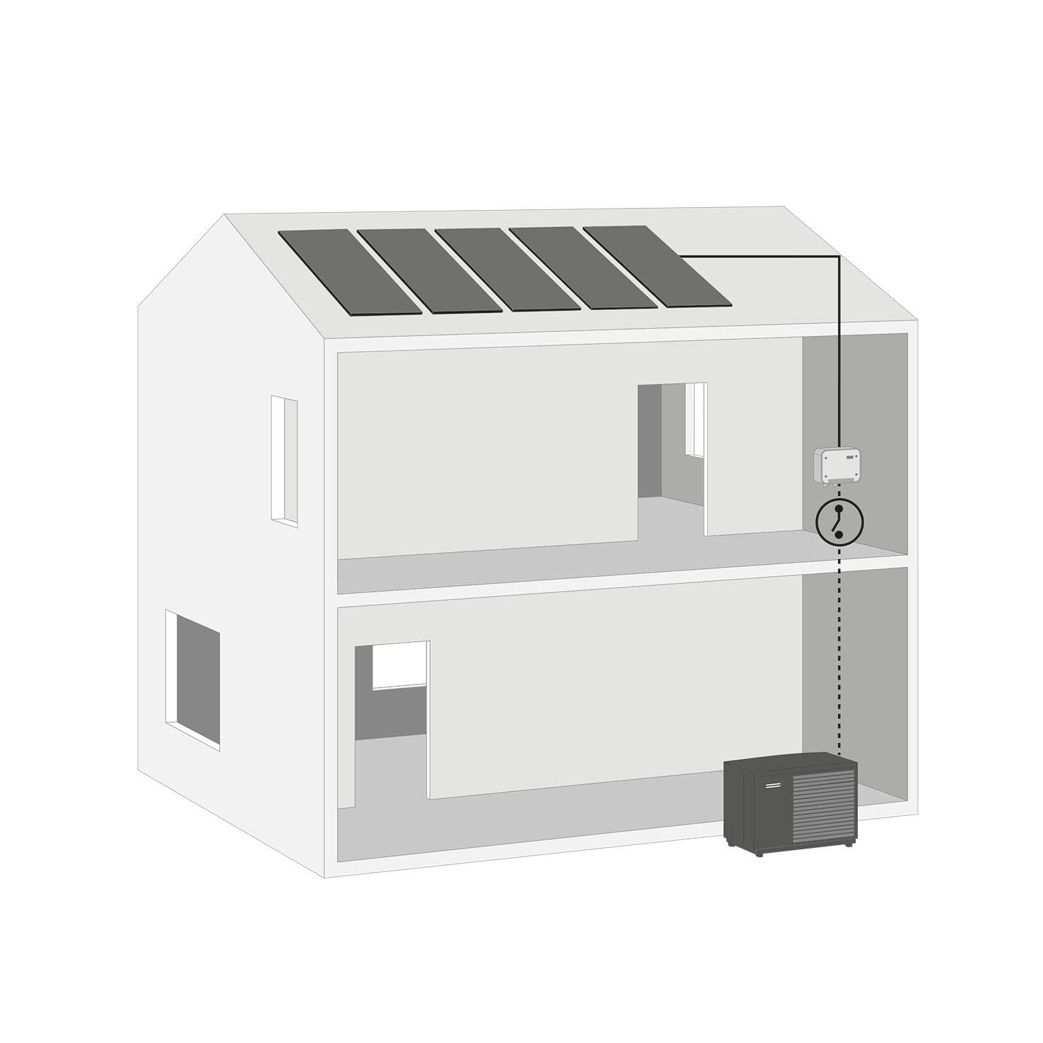 Illustration eines zweistöckigem Hauses mit Photovoltaik und Wärmepumpe