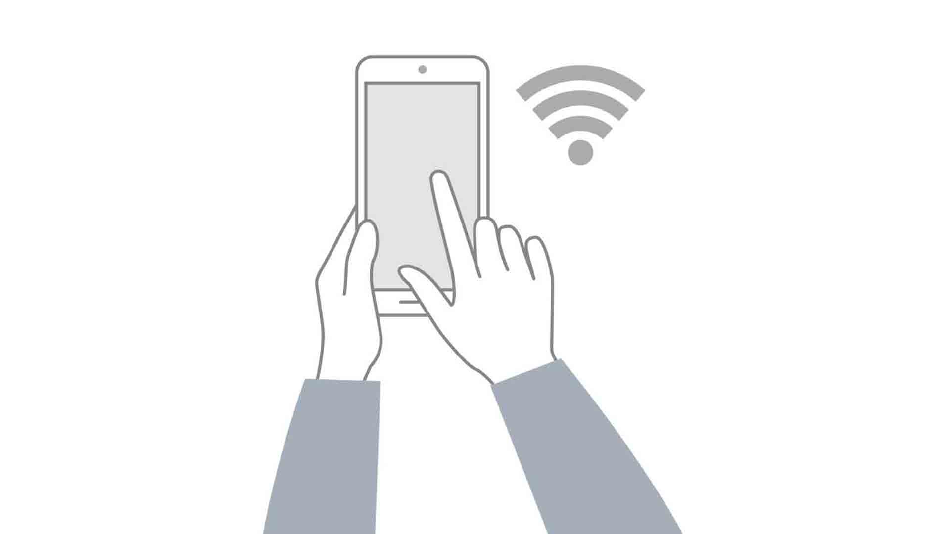 Illustration von einem Handy, dass von einer Hand bedient wird, daneben ist ein WLAN-Symbol abgebildet