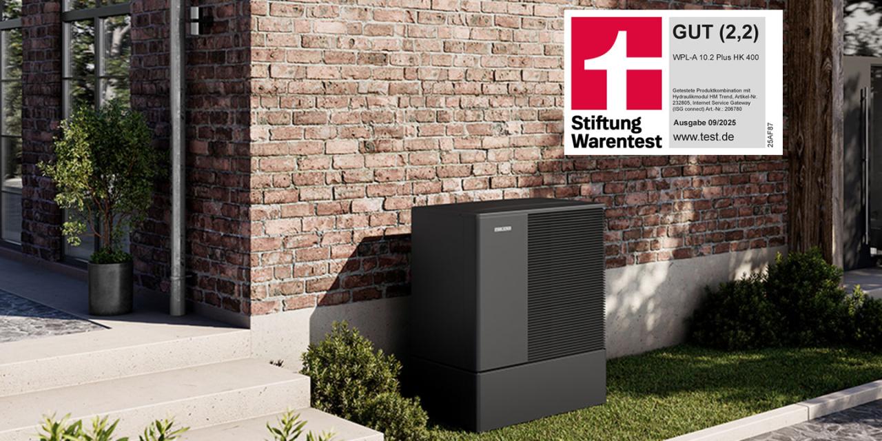 Wärmepumpe vor rotem Altbau, auf dem Bild ist ein Signet mit weißem Hintergrund, in rot-schwarzer Schrift steht darauf: Jetzt noch bis zu 7ß% Förderung vom Staat