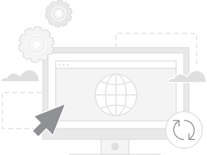 Illustration of the computer display with cogwheels, clouds and update
                            symbol